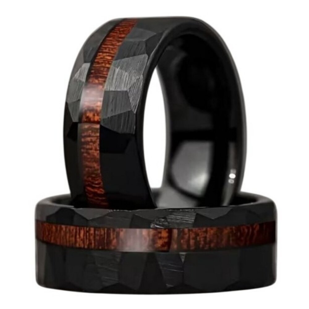 Hammered Tungsten Carbide Koa Wood Inlay Channel Wedding engagement ring